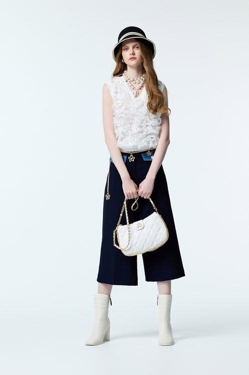 小香風拼接牛仔寬褲,毛呢花呢