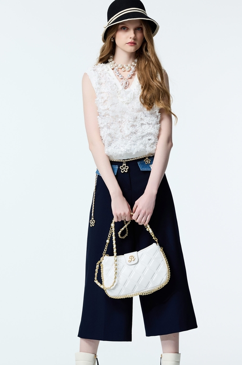 小香風拼接牛仔寬褲,毛呢花呢