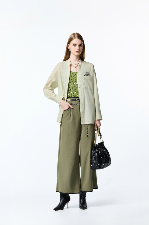 海帶綠鑲色邊寬褲,窄管褲,褲子