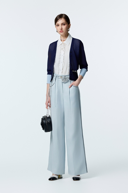 帆船藍鑲色邊寬腿褲,長褲