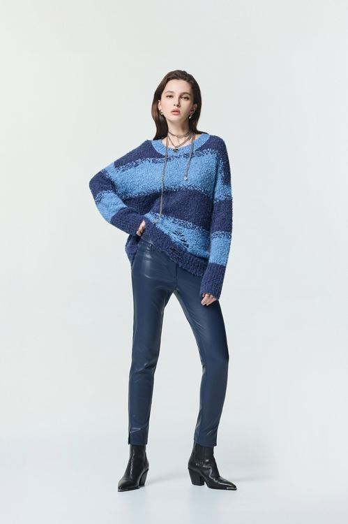 午夜藍仿皮革合身褲,窄管褲,褲子