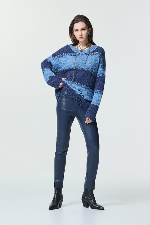 午夜藍仿皮革合身褲,窄管褲,褲子