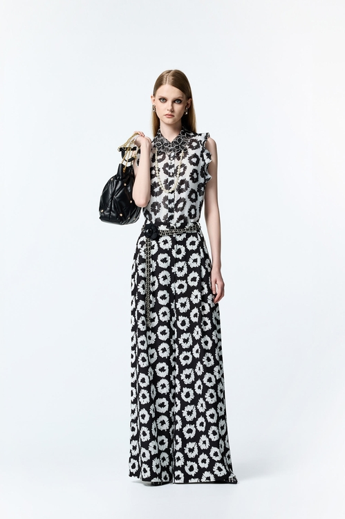 黑白手繪花打摺寬褲,黑色褲子