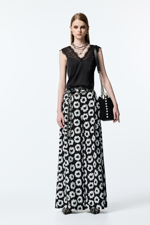 黑白手繪花打摺寬褲,黑色褲子