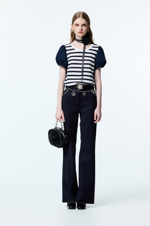 海軍藍鑲撞色邊長褲,長褲