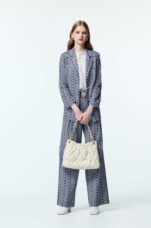 海軍藍花朵刺繡長褲,長褲