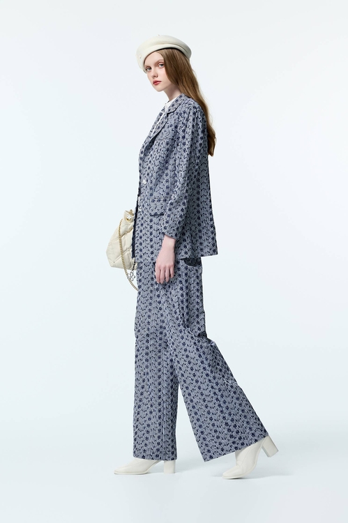 海軍藍花朵刺繡長褲,長褲