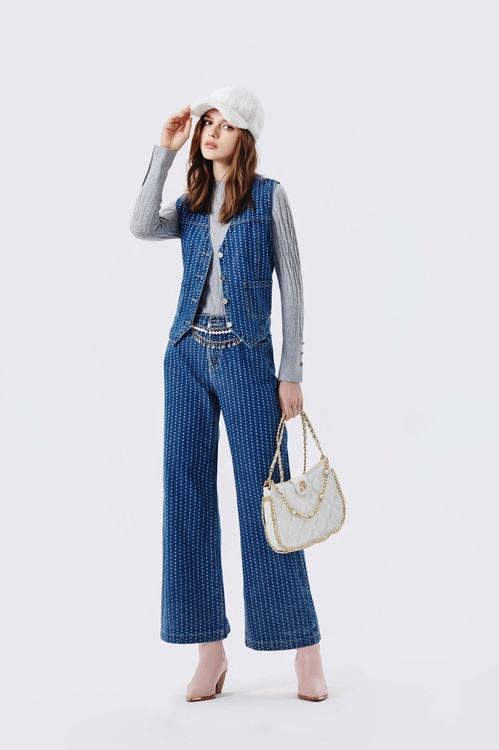 光澤感點點覆膜牛仔褲,波點