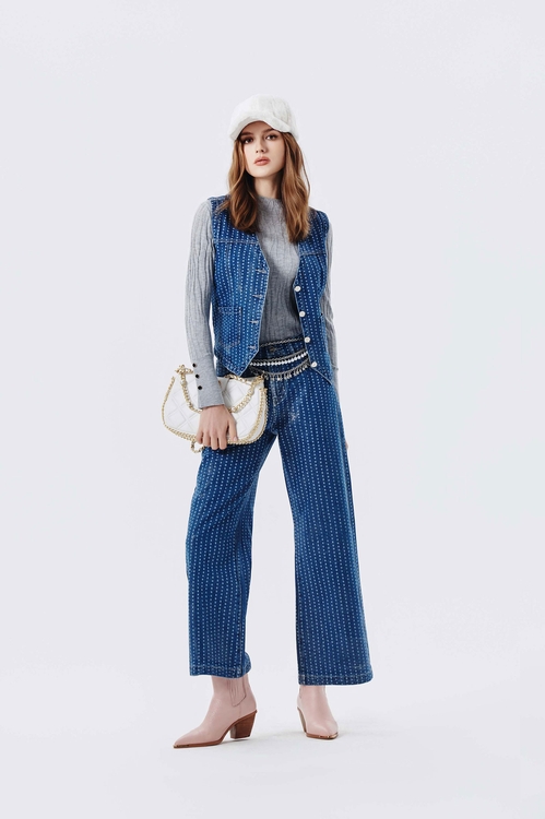 光澤感點點覆膜牛仔褲,波點