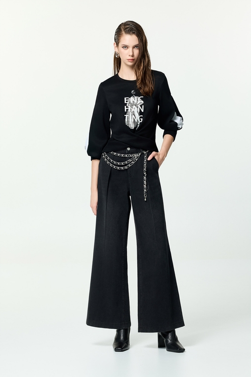 刷色牛仔打褶大寬褲,黑色褲子