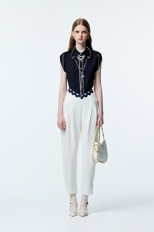 綴波浪織帶長褲,白色褲子