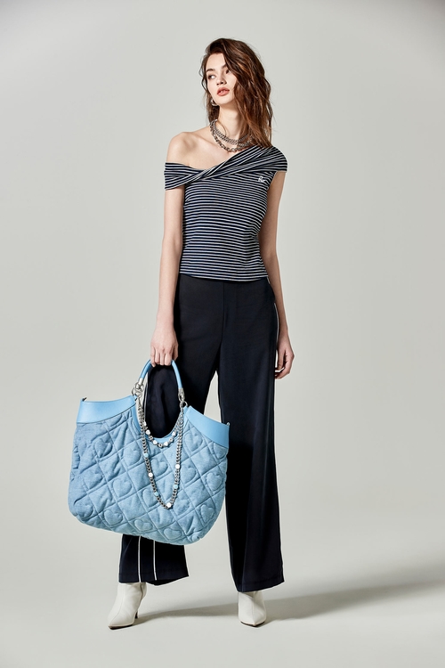 海軍藍斜邊織帶設計長寬褲,西裝褲