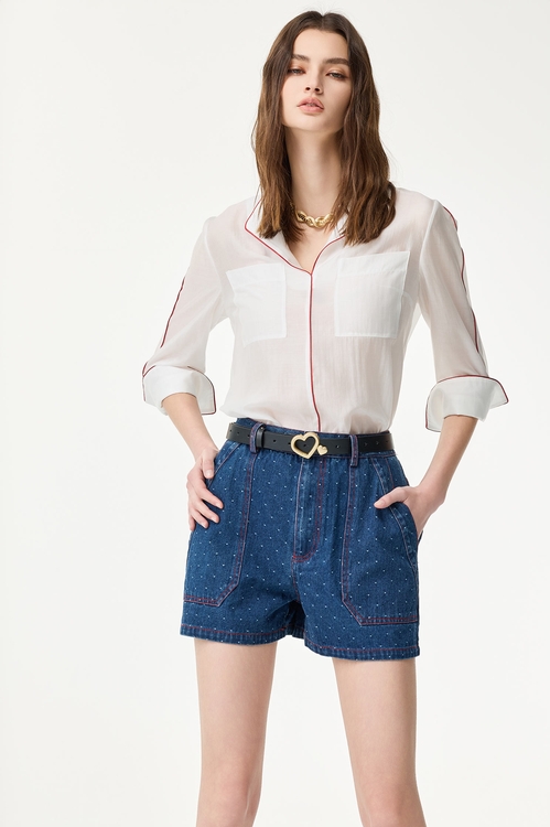立體點點貼袋牛仔短褲,牛仔短褲