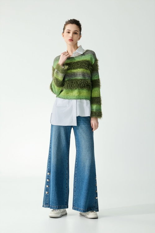 側開衩排釦牛仔喇叭褲,褲子,褲子