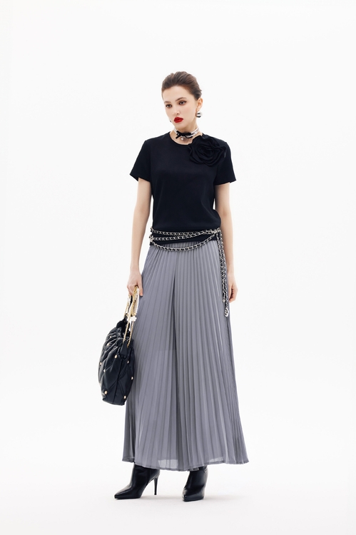 薄暮灰傘景寬褲裙,雪紡