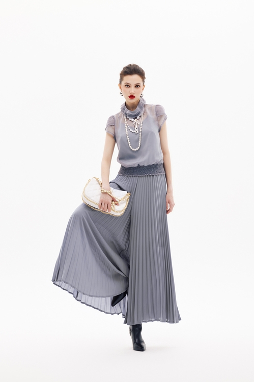 薄暮灰傘景寬褲裙,雪紡