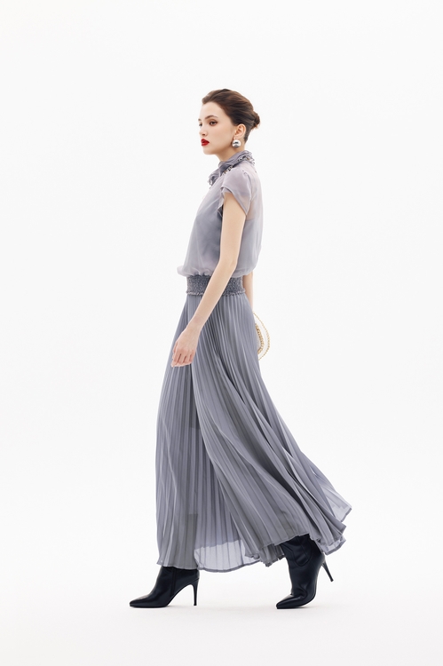 薄暮灰傘景寬褲裙,雪紡