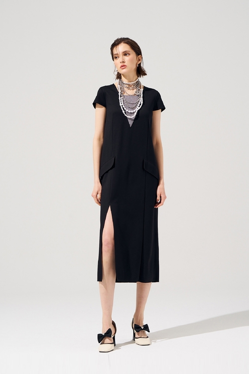 黑灰假兩件式長洋裝,長洋裝