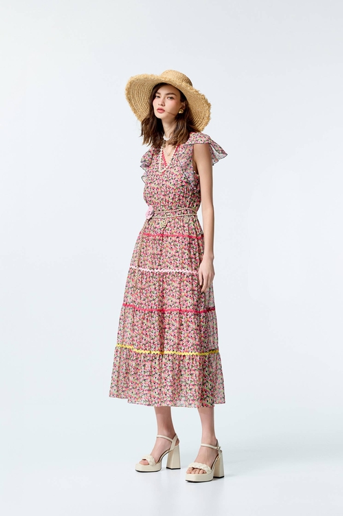 花菱草印花荷葉袖洋裝,雪紡洋裝