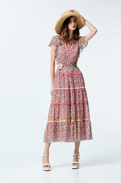 花菱草印花荷葉袖洋裝,雪紡洋裝