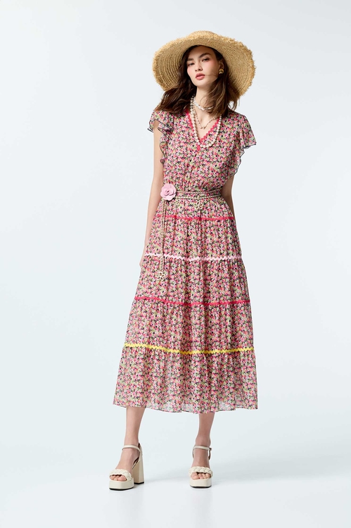 花菱草印花荷葉袖洋裝,雪紡洋裝