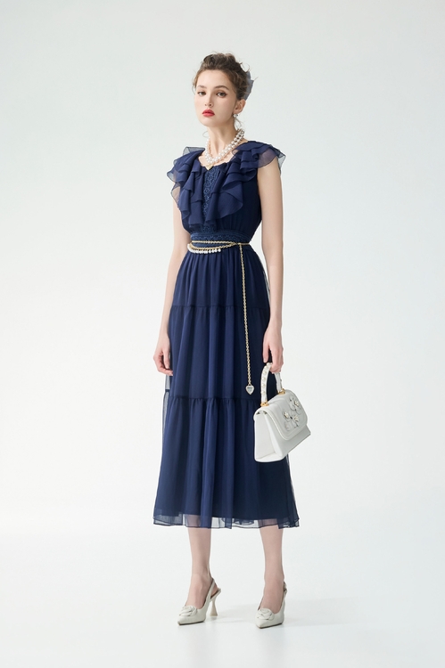 飄逸雪紡經典藍色禮服洋裝,春夏穿搭