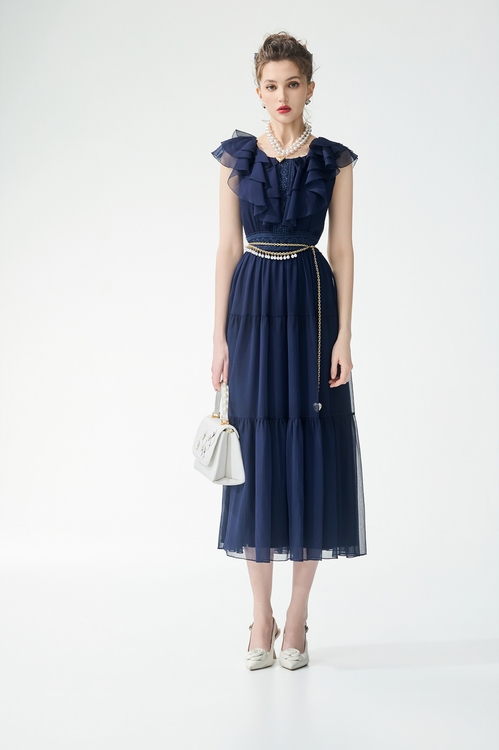 飄逸雪紡經典藍色禮服洋裝,春夏穿搭