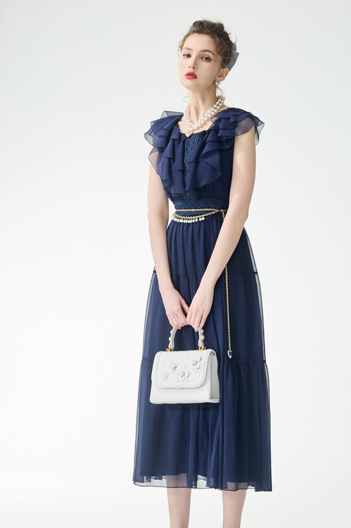 飄逸雪紡經典藍色禮服洋裝,春夏穿搭