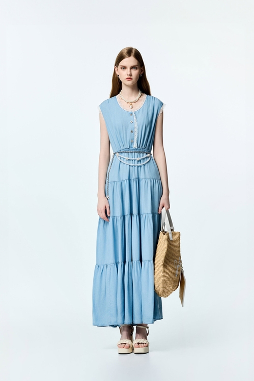 綴蕾絲天絲棉洋裝,牛仔,洋裝