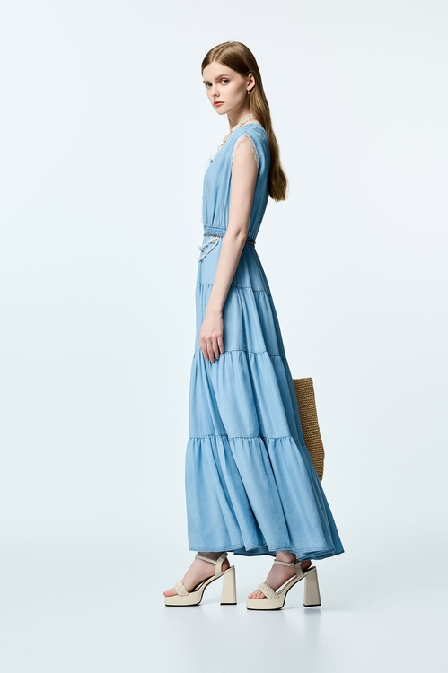 綴蕾絲天絲棉洋裝,牛仔,洋裝