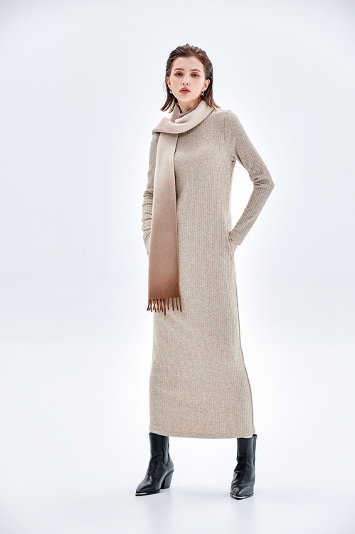 愛爾蘭奶油色針織長洋裝,長袖洋裝