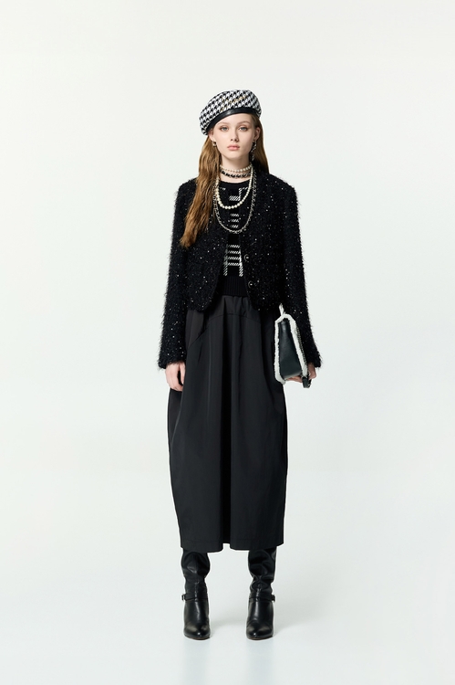 格紋針織拼接洋裝,黑色洋裝