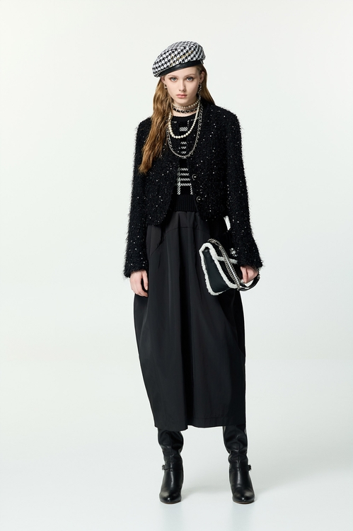 格紋針織拼接洋裝,黑色洋裝