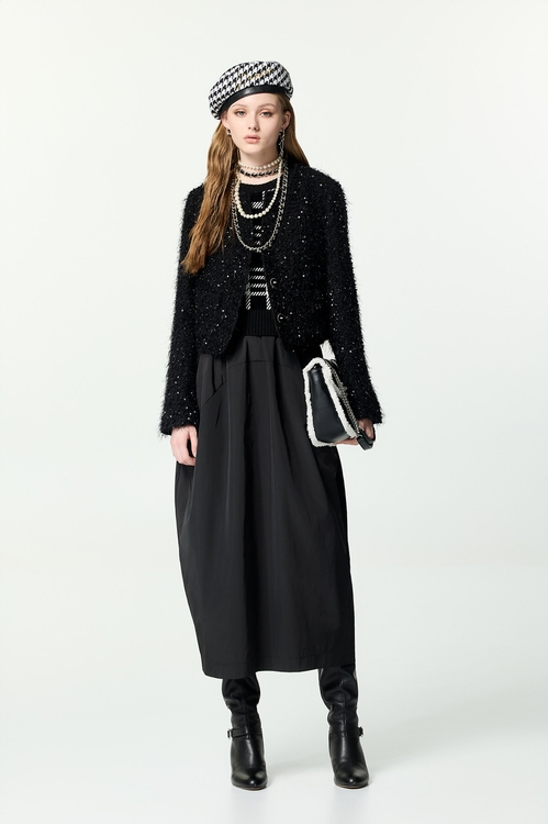 格紋針織拼接洋裝,黑色洋裝