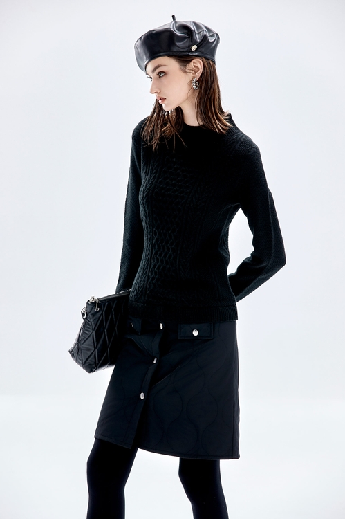 拼接異材質絎縫洋裝,長袖洋裝