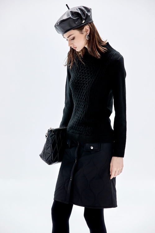 拼接異材質絎縫洋裝,長袖洋裝