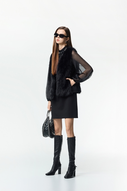 飄逸柔晴紗短洋裝,黑色洋裝