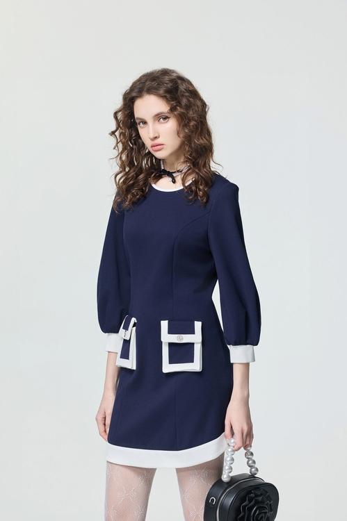 波浪裙擺短洋裝,長袖洋裝