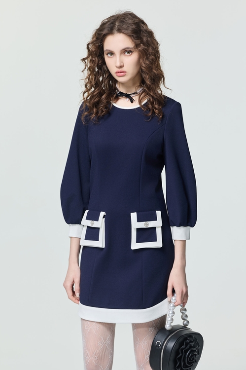 波浪裙擺短洋裝,長袖洋裝