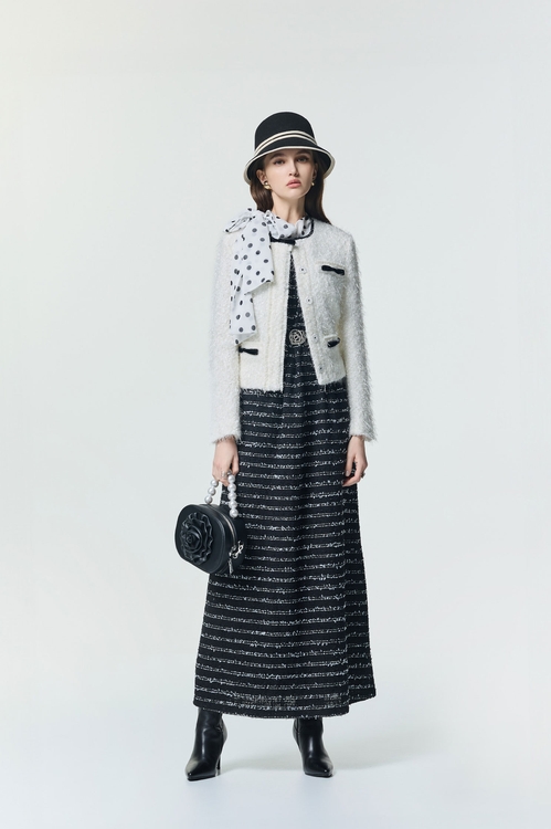 高領帶子紗花呢女神長洋裝,長洋裝