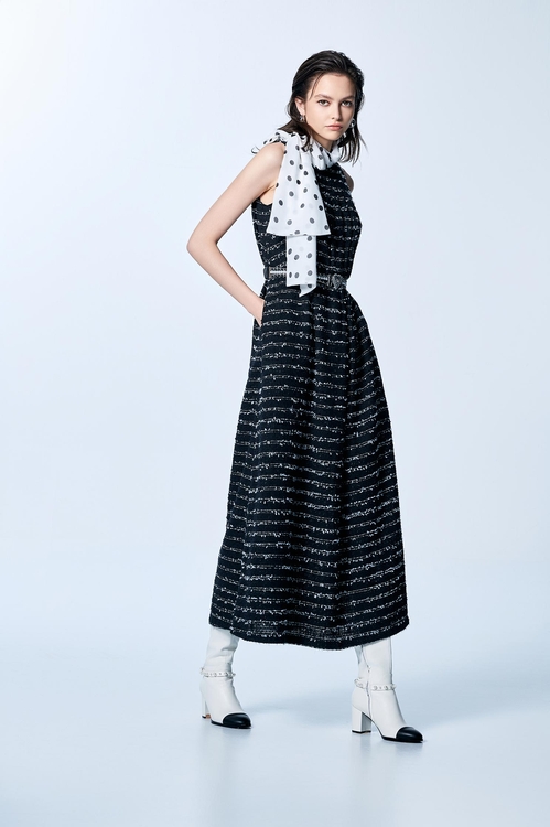 高領帶子紗花呢女神長洋裝,長洋裝