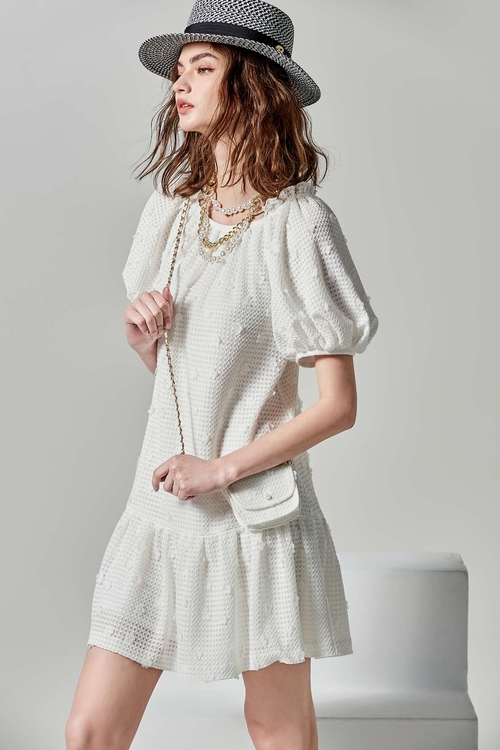 光學白渡假小洋裝,短袖洋裝