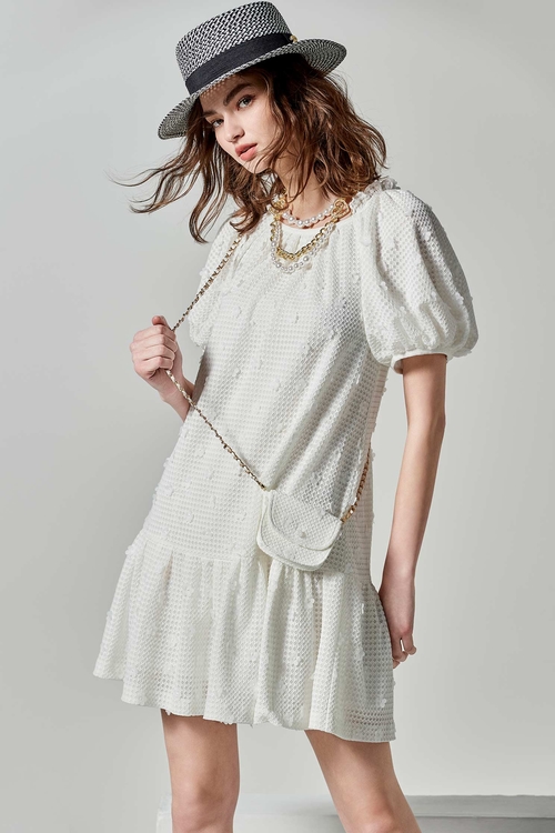 光學白渡假小洋裝,短袖洋裝