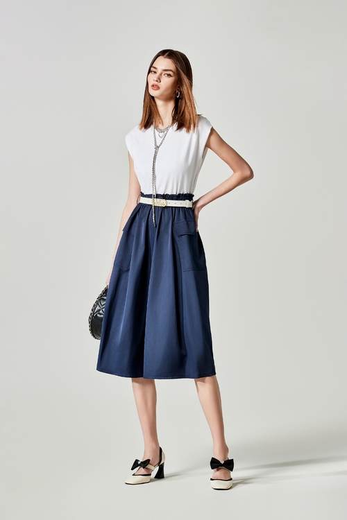 異素材拼接撞色縮腰洋裝,短袖洋裝