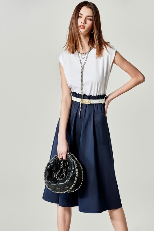 異素材拼接撞色縮腰洋裝,短袖洋裝