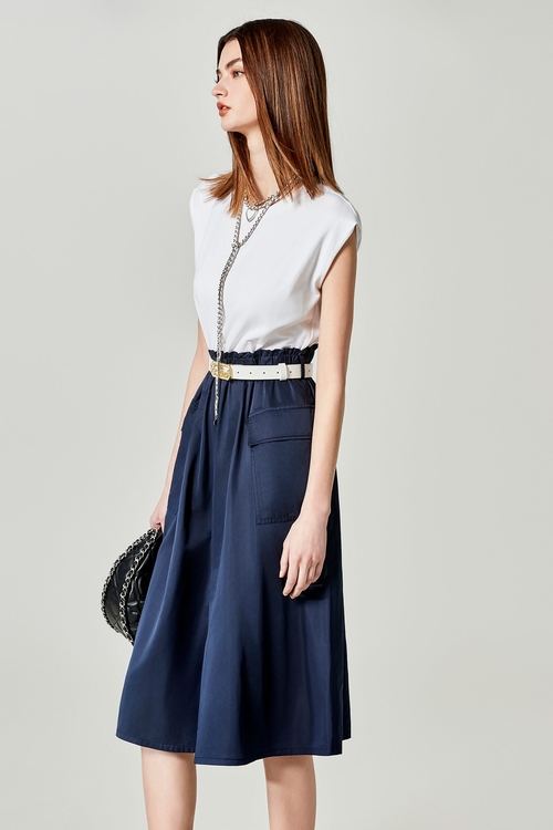 異素材拼接撞色縮腰洋裝,短袖洋裝