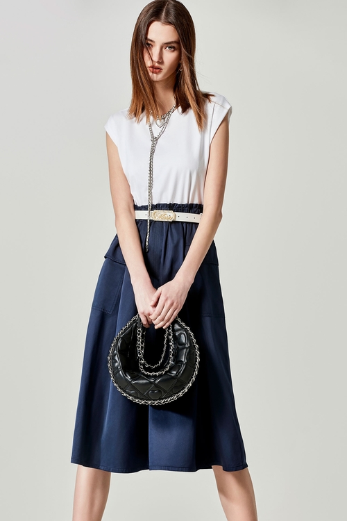 異素材拼接撞色縮腰洋裝,短袖洋裝