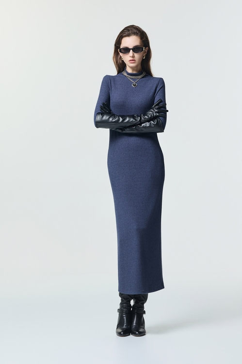 復古藍針織長洋裝,洋裝特輯