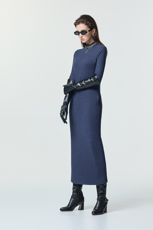 復古藍針織長洋裝,洋裝特輯