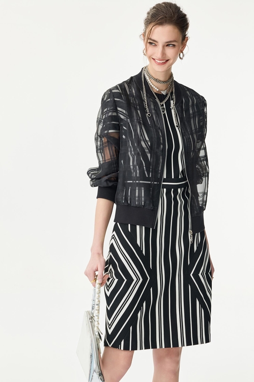 黑白條紋短袖造型切接洋裝,黑色洋裝